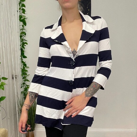 Emporio Armani Pullover Striped Button-Up Tunic Top Size 8 White/Blue - Picture 1 of 6